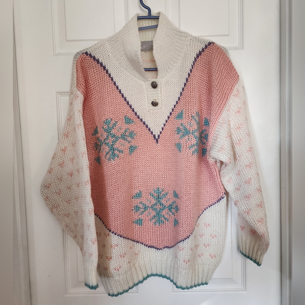 VTG 80's AcrylicV Neck Pastel Pink Hearts Blue Snowflakes Cotton Candy Sweater